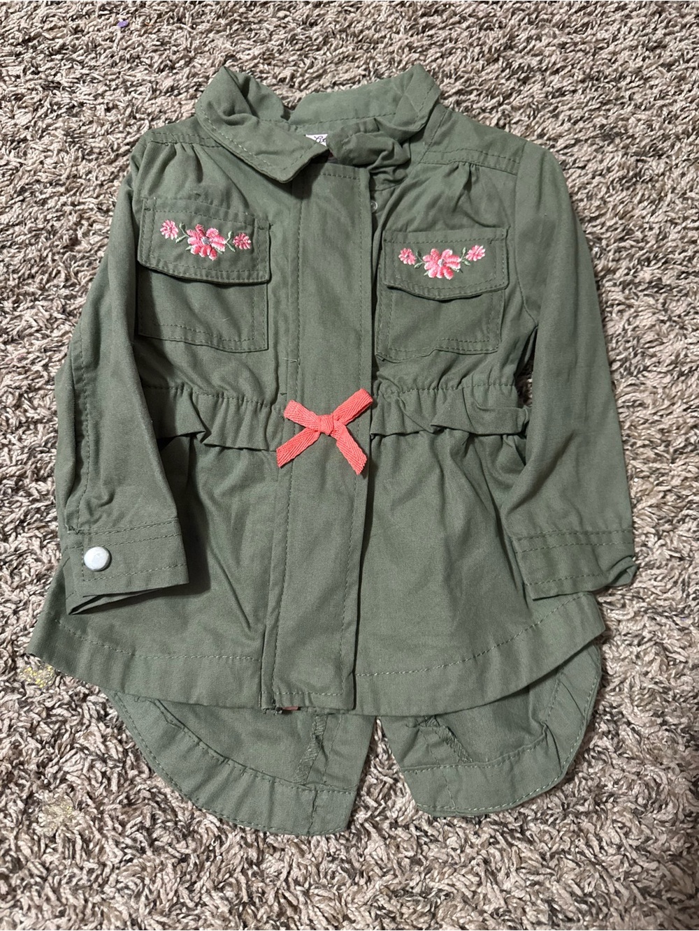 Little Lass Olive Green Utility Jacket with Pink Floral Embroidery and Coral Bow